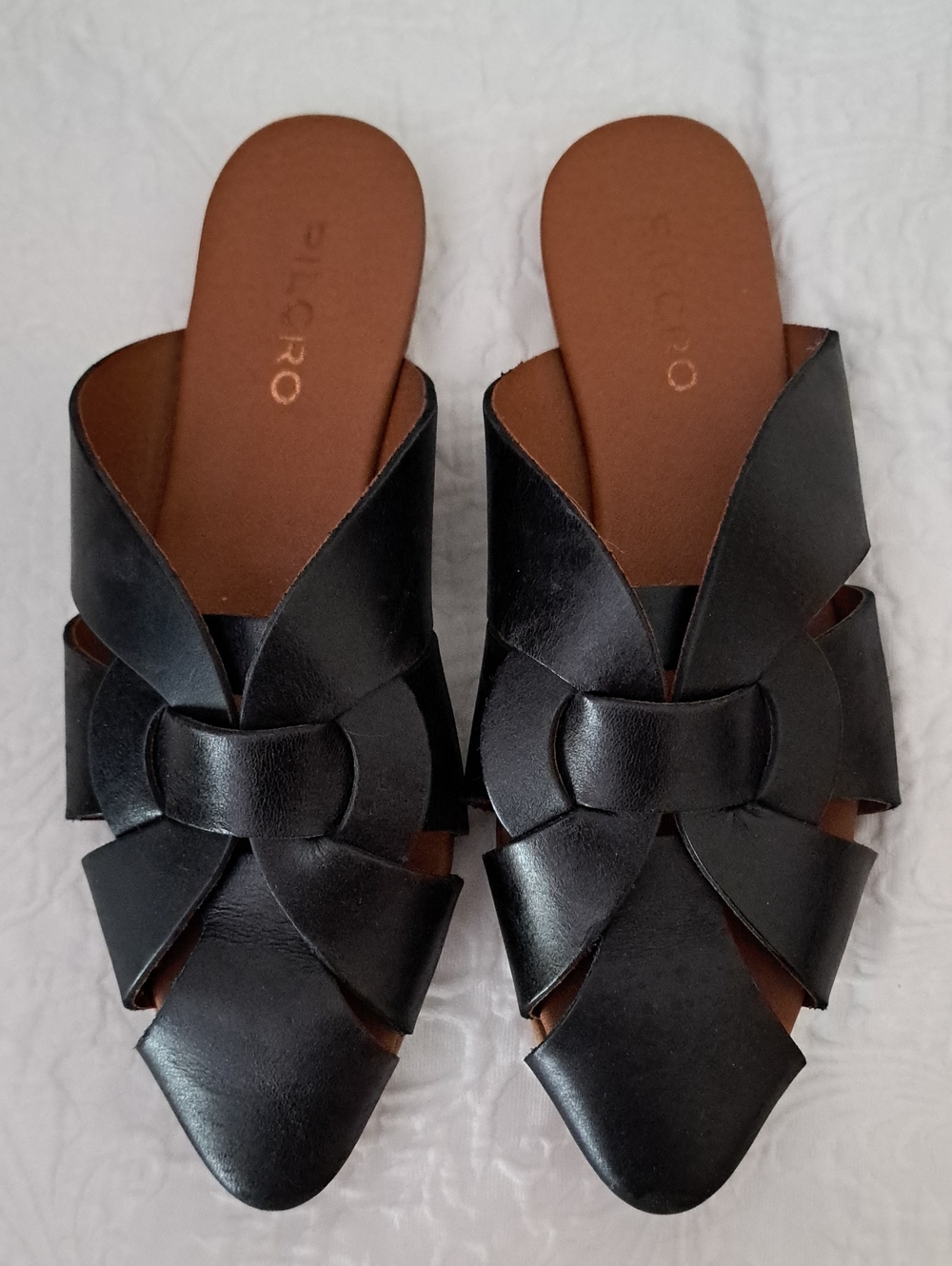 PILCRO/Anthopologie Black Leather Knot-Front Slide Mules